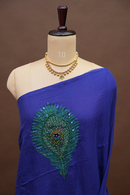 Royal Blue Mul Mul Cotton Party Wear Saree with Handcrafted Peacock Feather Embellishment