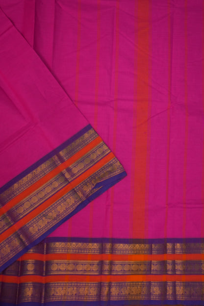 Pure Kanchi Cotton Saree – Rani Pink with Purple & Orange Zari Border