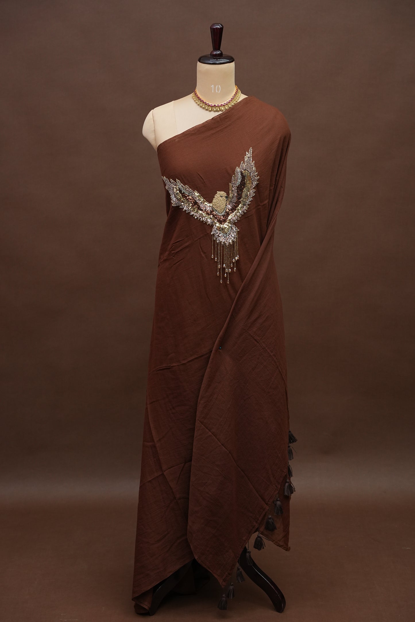 Chocolate Brown Mul Mul Cotton Party Wear Saree with Handcrafted Flying Eagle Embellishment