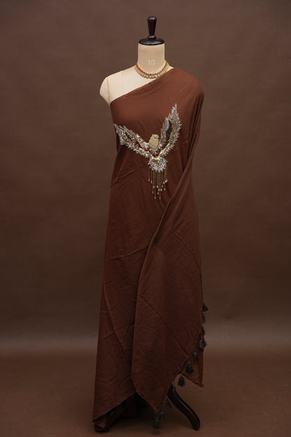 Chocolate Brown Mul Mul Cotton Party Wear Saree with Handcrafted Flying Eagle Embellishment