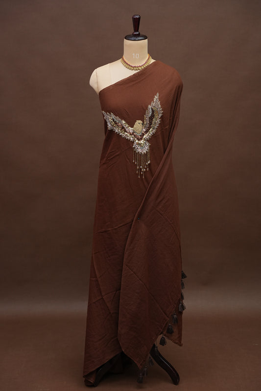 Chocolate Brown Mul Mul Cotton Party Wear Saree with Handcrafted Flying Eagle Embellishment