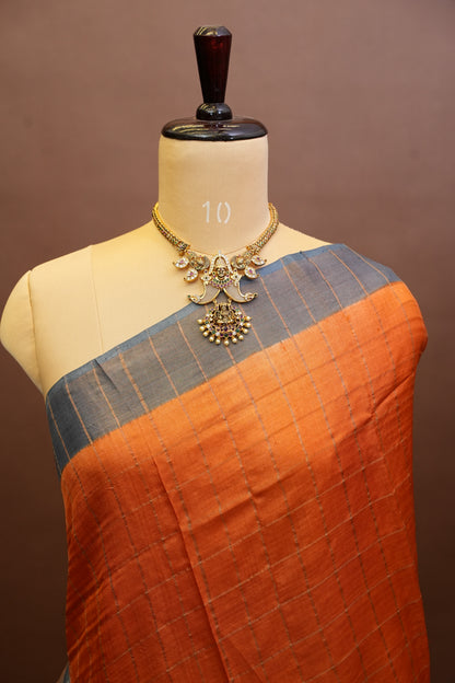 Pure Tussar Silk Saree with Handpainted Blouse-Orange|Silk Mark Certified