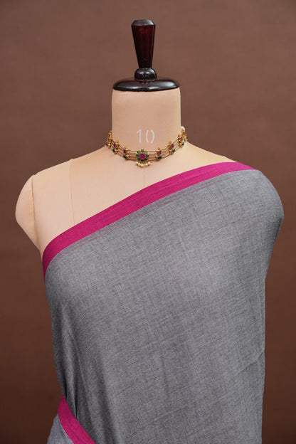 Mulmul Cotton Saree with Tassels - Grey
