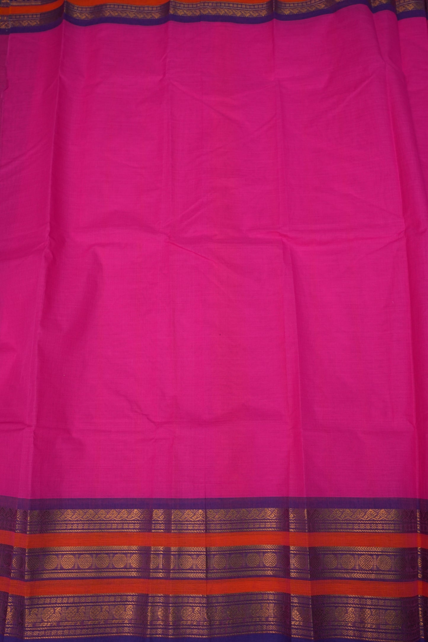 Pure Kanchi Cotton Saree – Rani Pink with Purple & Orange Zari Border