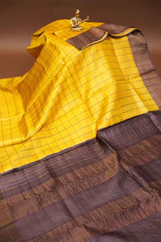 Pure Tussar Silk Saree with Handpainted Blouse-Yellow
