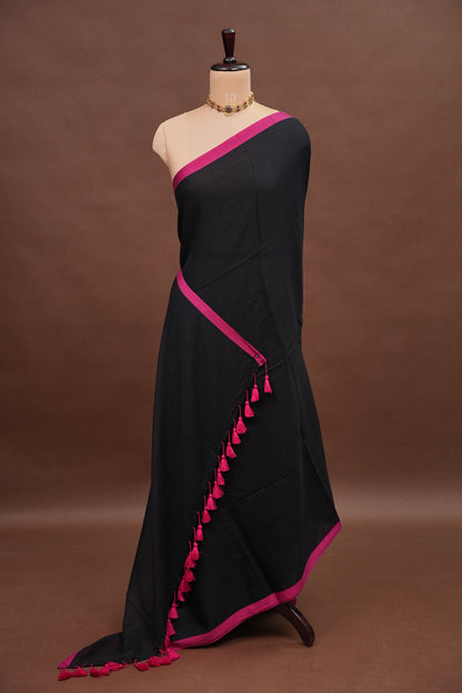 Mulmul Cotton Saree with Tassels - Black