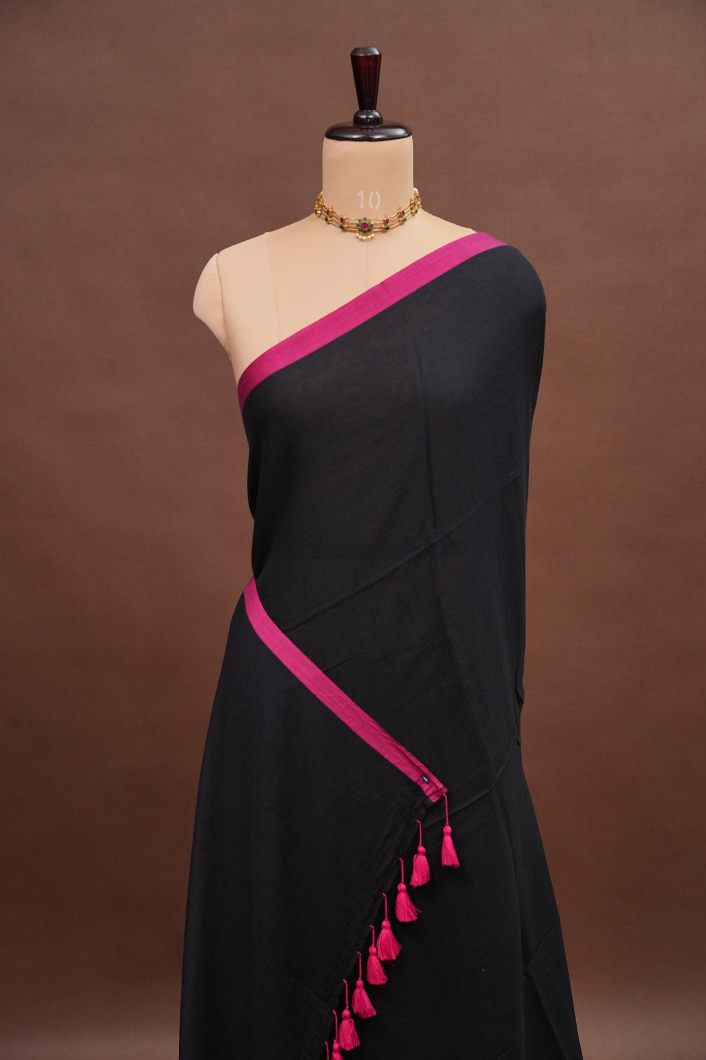 Mulmul Cotton Saree with Tassels - Black