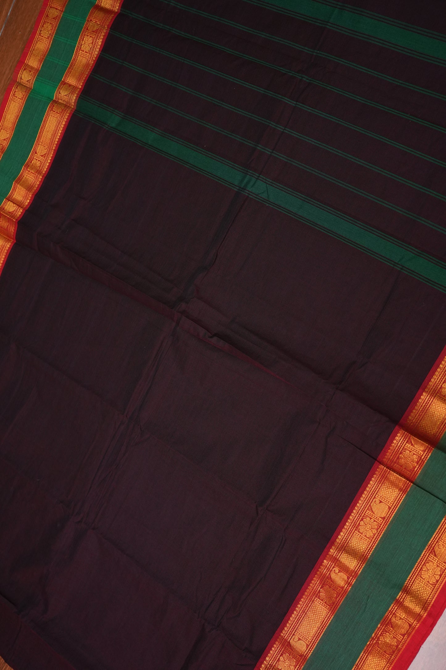 Pure Kanchi Cotton Saree – Deep Black Brown with Green & Red Zari Border