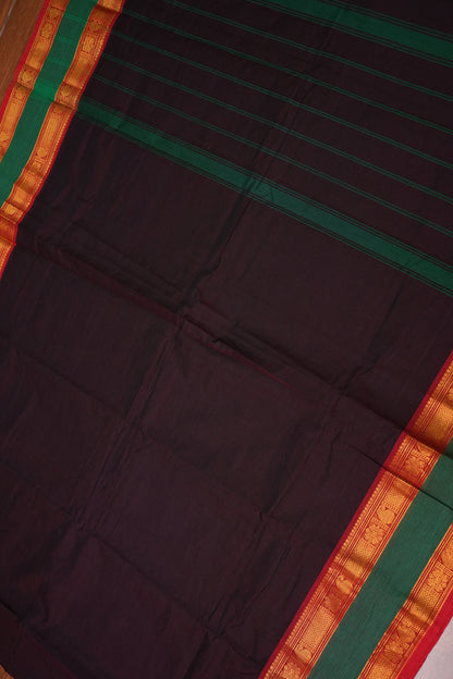 Pure Kanchi Cotton Saree – Deep Black Brown with Green & Red Zari Border