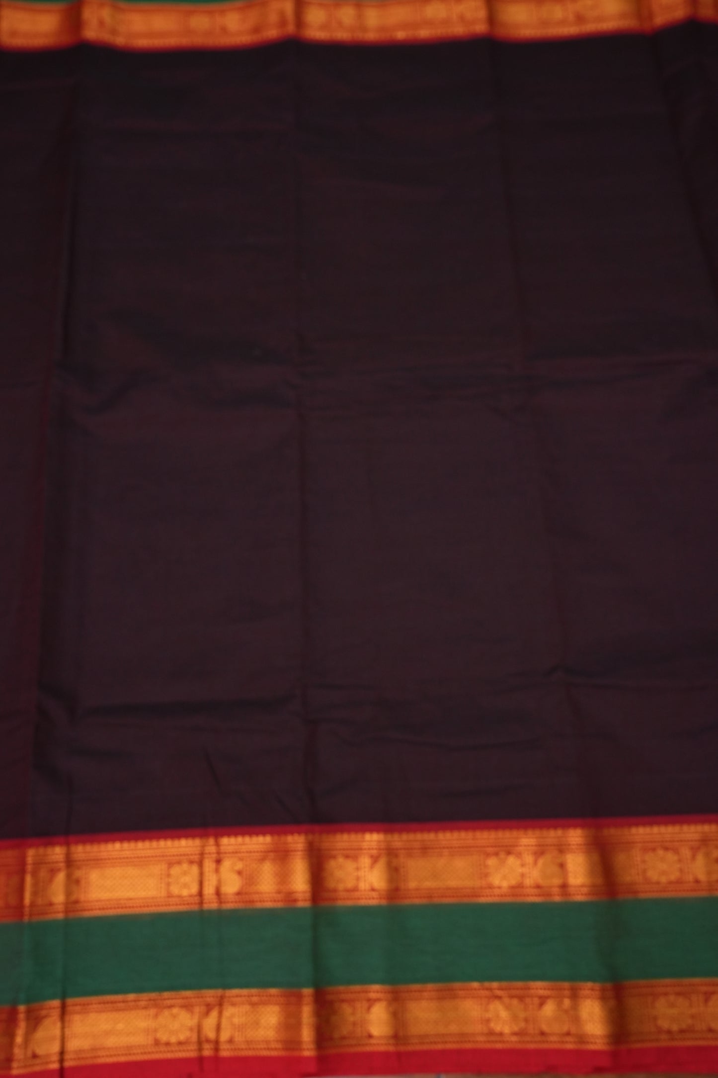 Pure Kanchi Cotton Saree – Deep Black Brown with Green & Red Zari Border