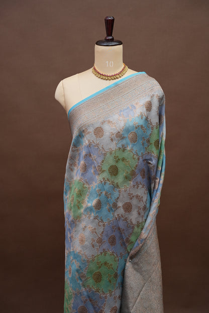 Pure Kora Banarasi Silk Saree with Floral Jaal Weaving – Sky Blue & Mint Green