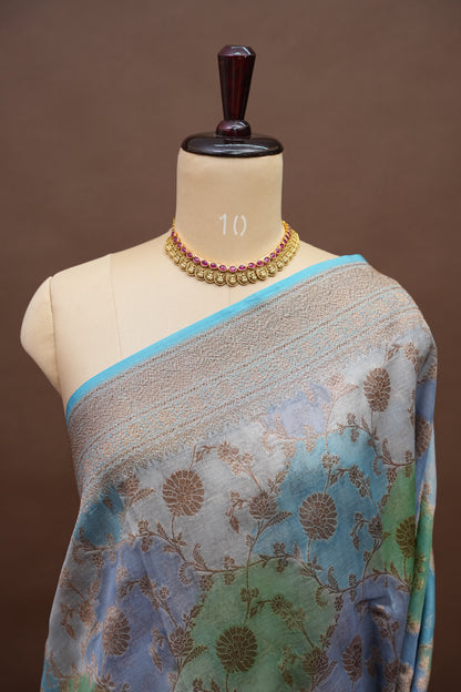 Pure Kora Banarasi Silk Saree with Floral Jaal Weaving – Sky Blue & Mint Green