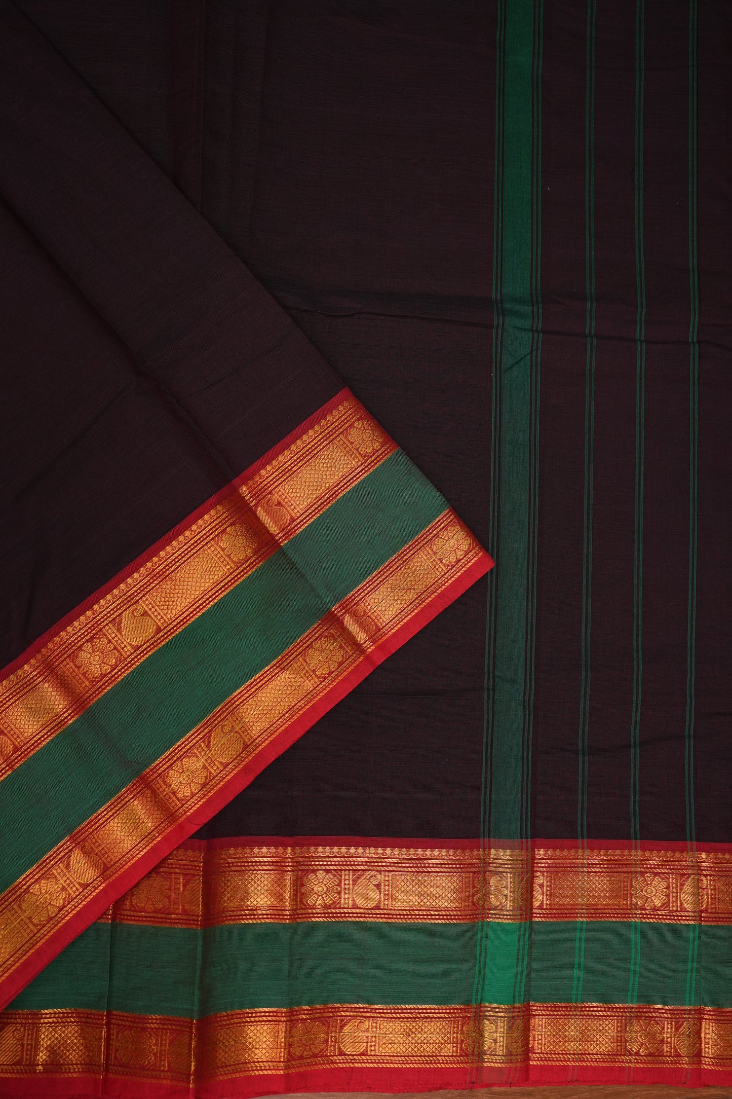 Pure Kanchi Cotton Saree – Deep Black Brown with Green & Red Zari Border