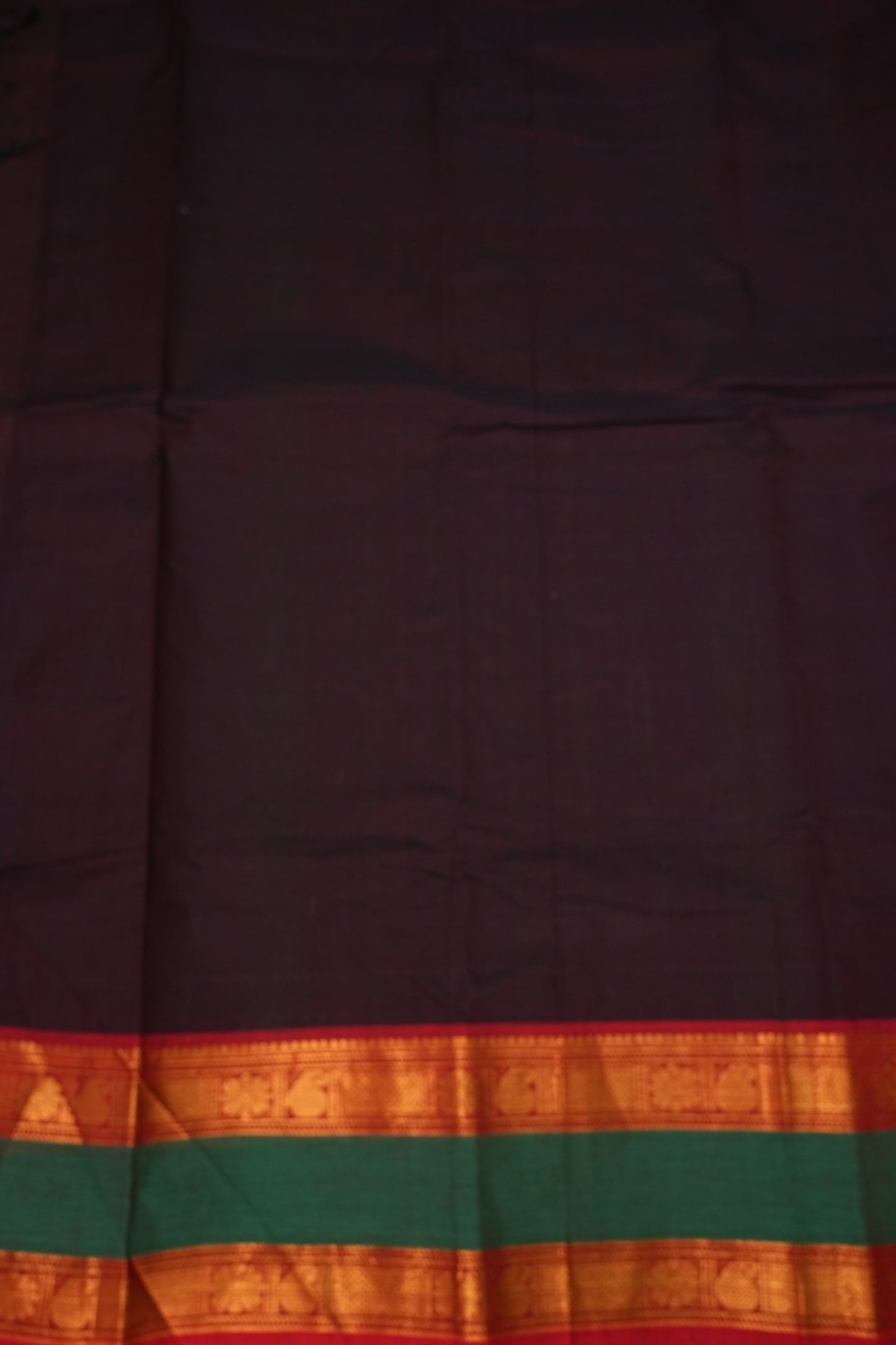 Pure Kanchi Cotton Saree – Deep Black Brown with Green & Red Zari Border
