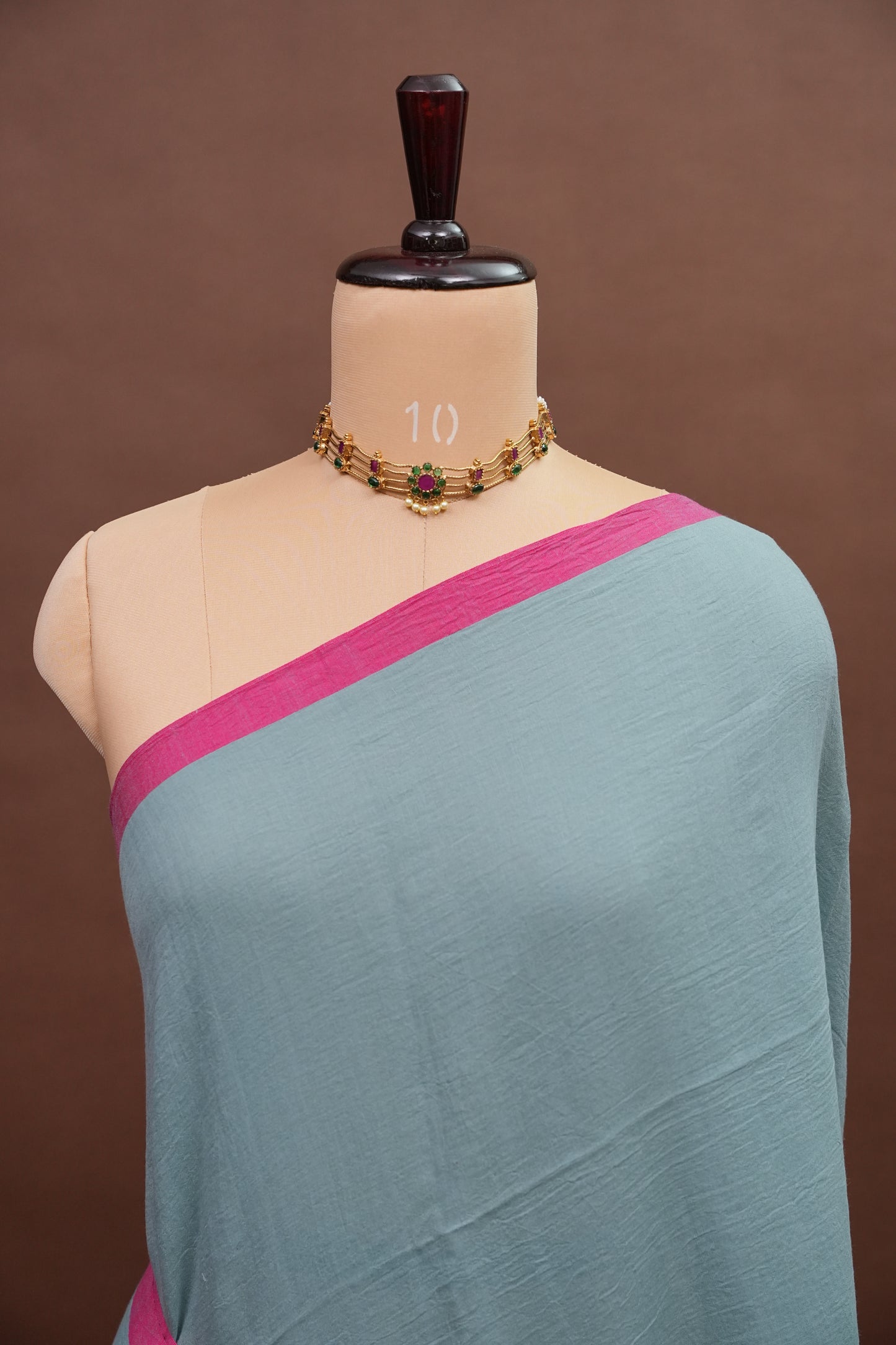 Mulmul Cotton Saree with Tassels - Steel Blue & Pink
