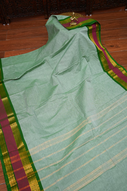 Pure Kanchi Cotton Saree – Sage Green with Green & Maroon Zari Border