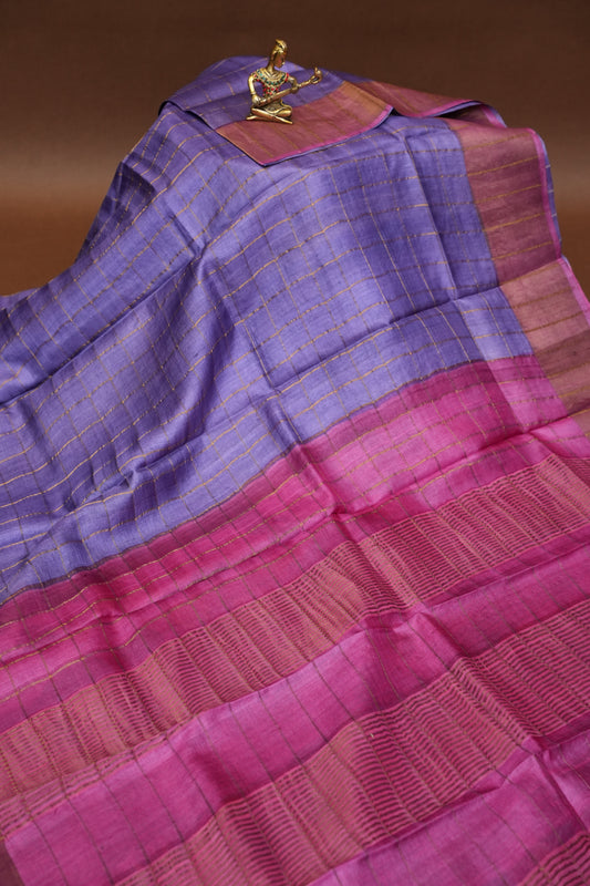Pure Tussar Silk Saree with Handpainted Blouse-Purple