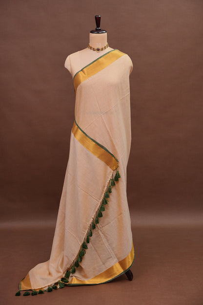 Mulmul Cotton Saree with Tassels - Beige