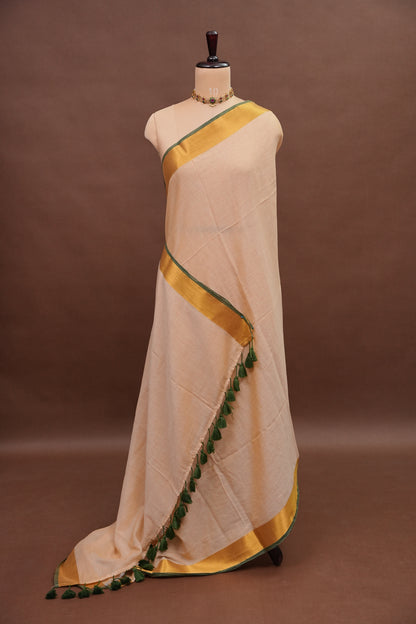 Mulmul Cotton Saree with Tassels - Beige