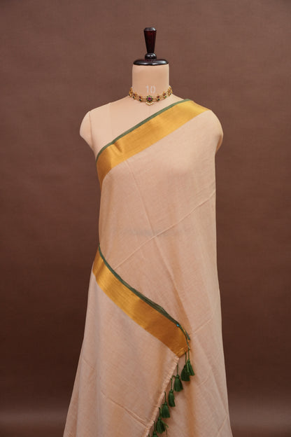 Mulmul Cotton Saree with Tassels - Beige