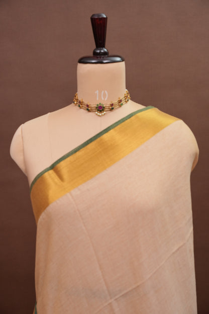 Mulmul Cotton Saree with Tassels - Beige