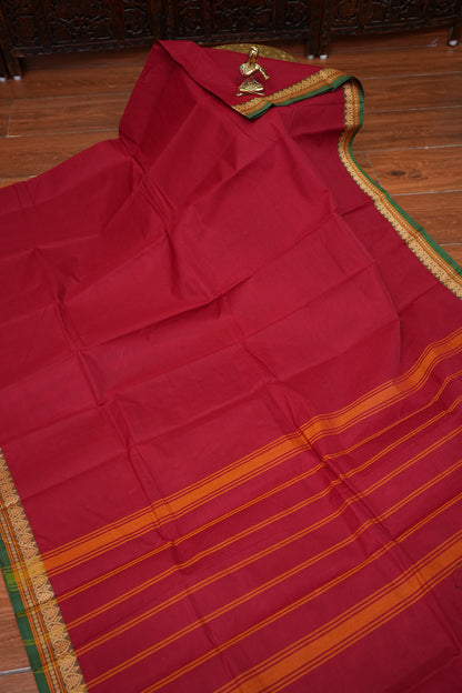 Pure Kanchi Cotton Saree – Red with Green & Gold Zari Border