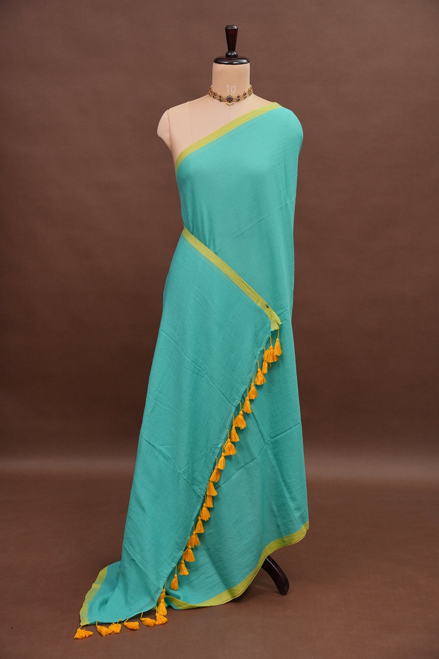 Mulmul Cotton Saree with Tassels - Turquoise