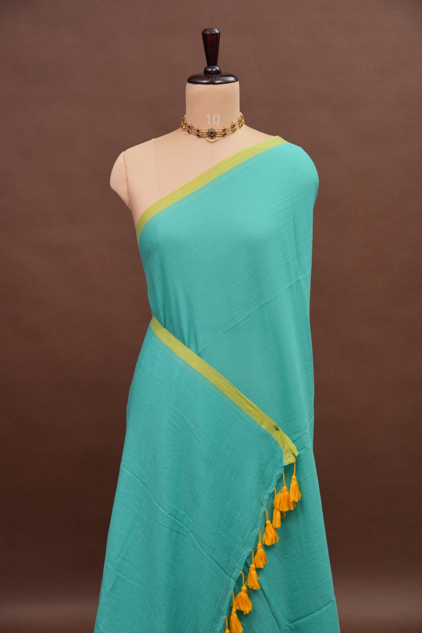 Mulmul Cotton Saree with Tassels - Turquoise