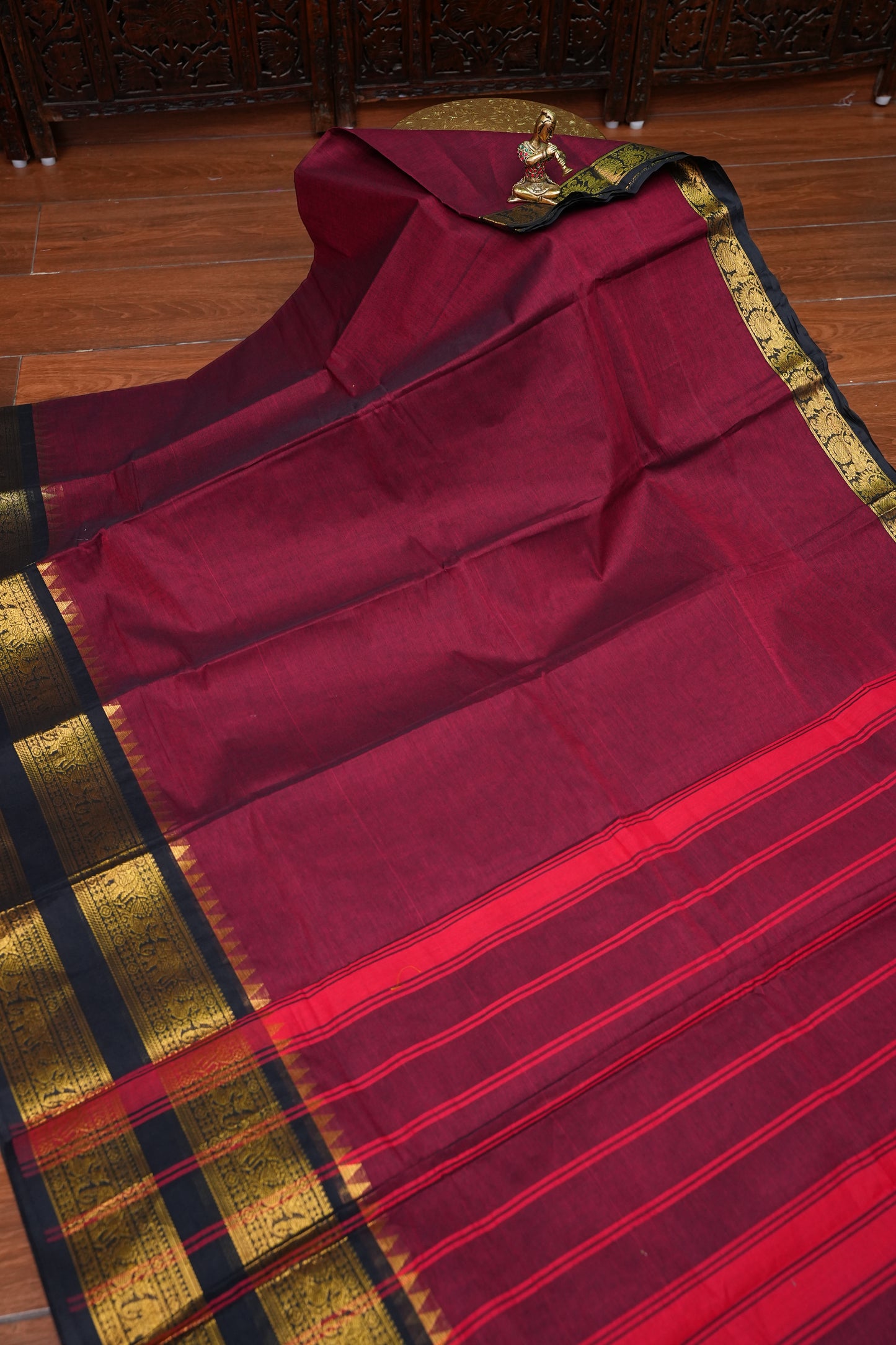 Pure Kanchi Cotton Saree – Deep Maroon with Black & Gold Zari Border