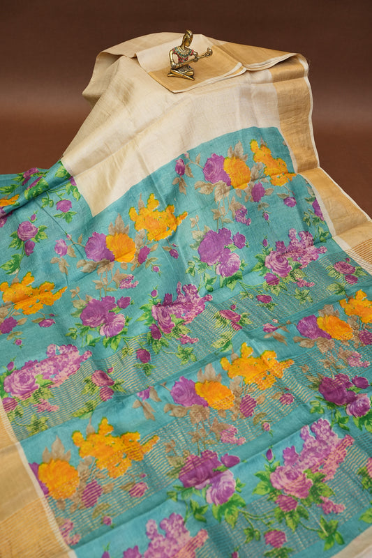Floral Printed Pure Tussar Silk Saree - Half white