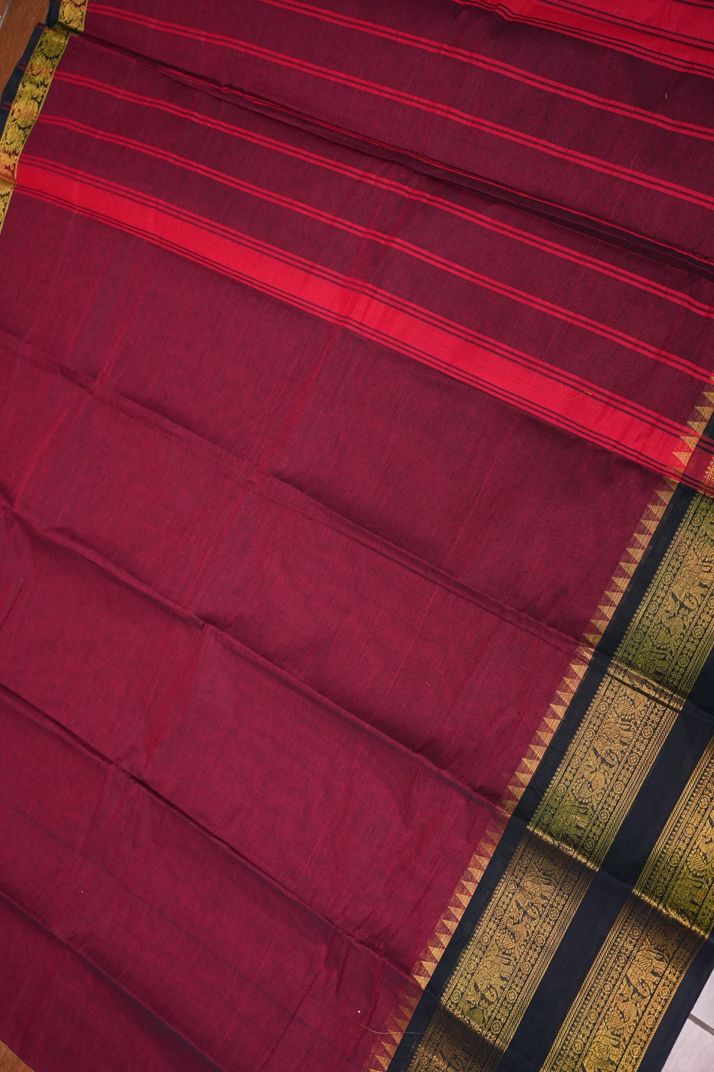 Pure Kanchi Cotton Saree – Deep Maroon with Black & Gold Zari Border