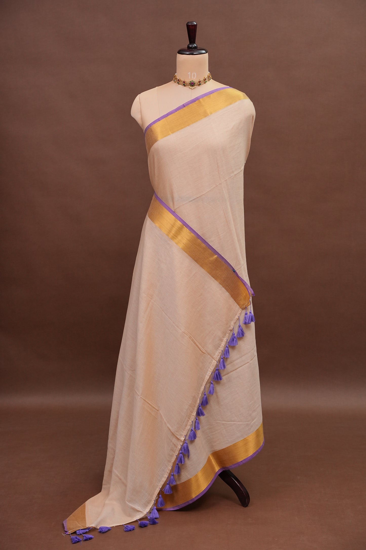 Mulmul Cotton Saree with Tassels - Beige