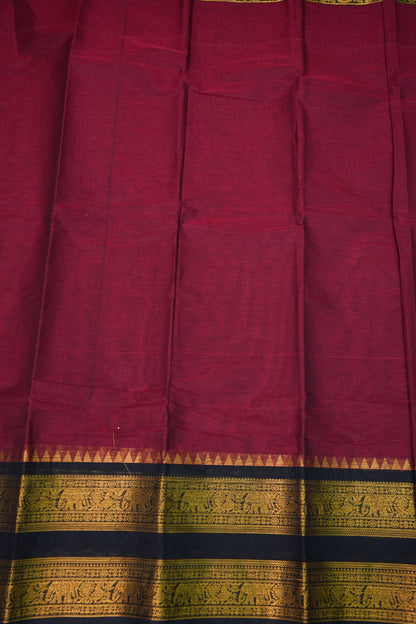 Pure Kanchi Cotton Saree – Deep Maroon with Black & Gold Zari Border