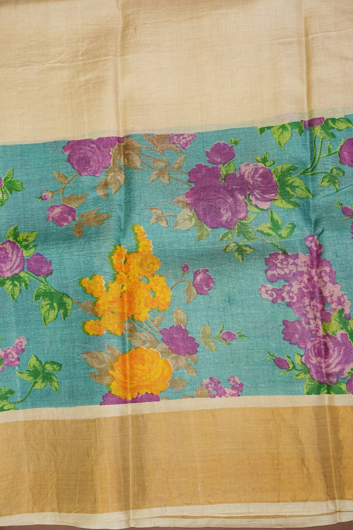 Floral Printed Pure Tussar Silk Saree-Half white|Silk Mark Certified
