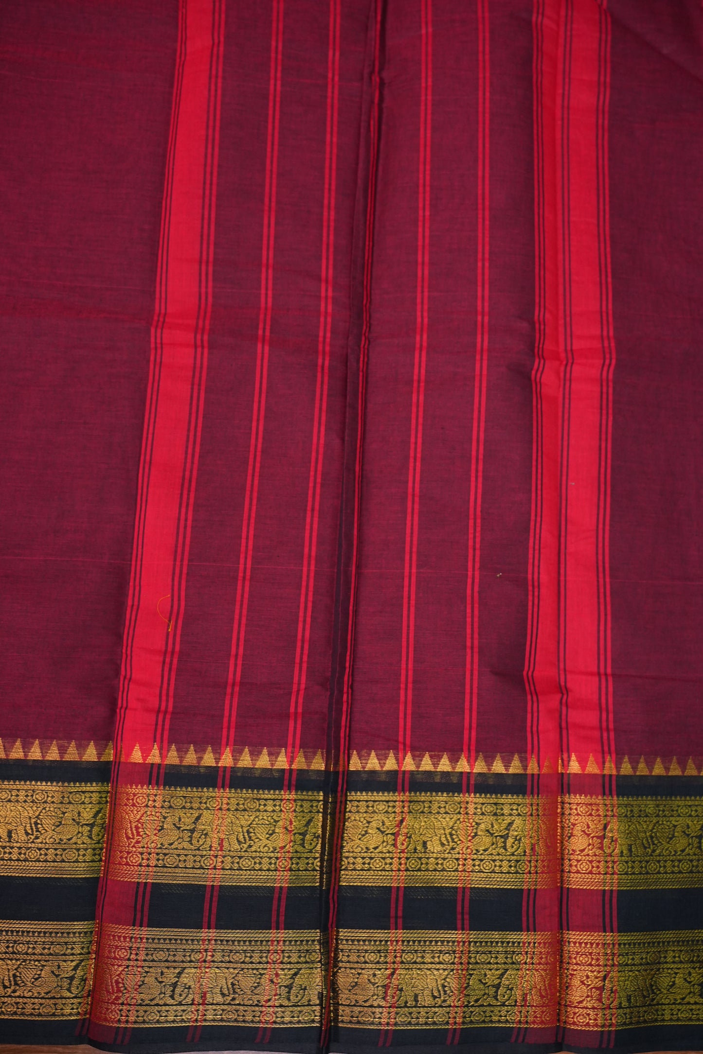 Pure Kanchi Cotton Saree – Deep Maroon with Black & Gold Zari Border