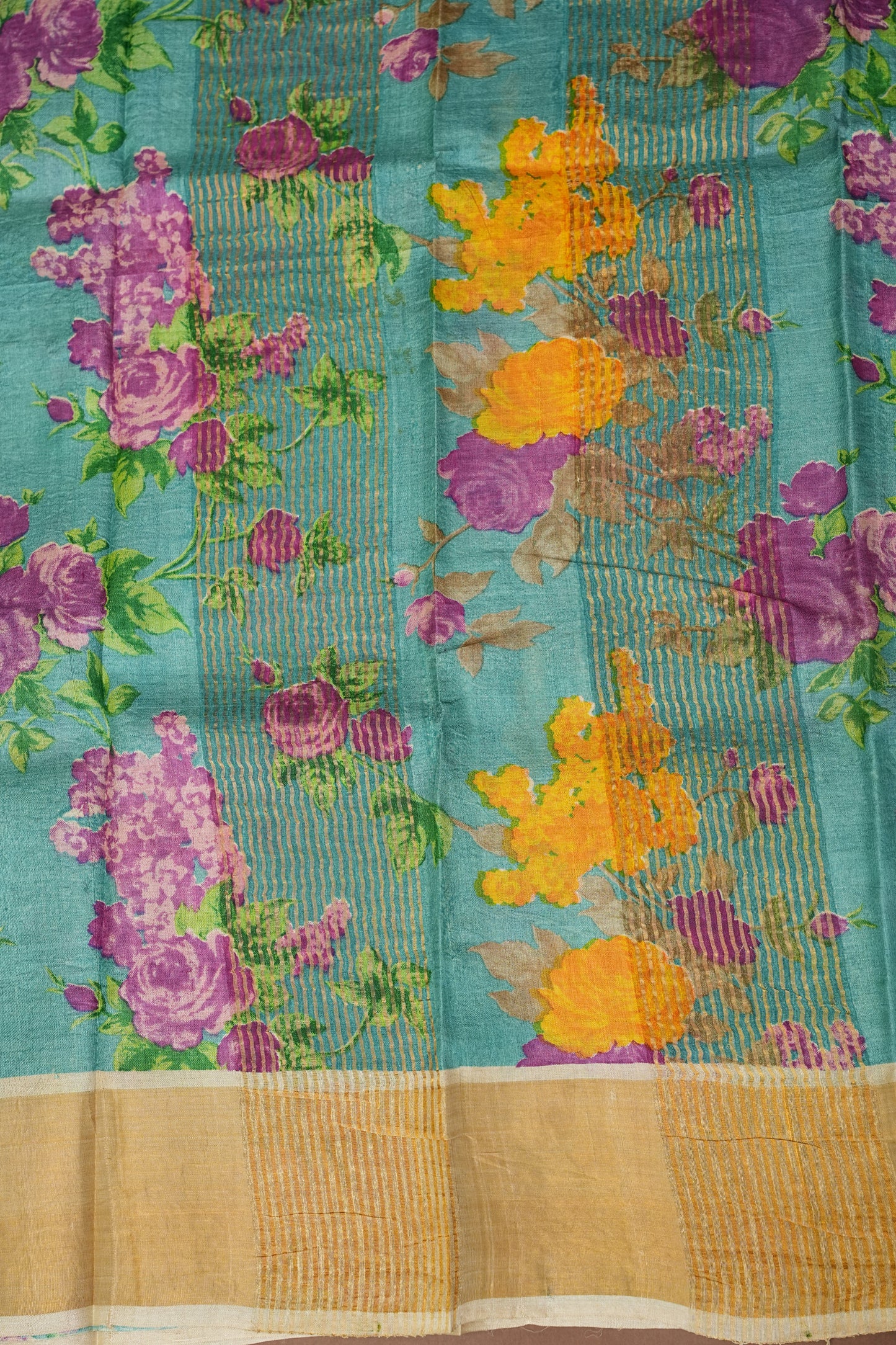 Floral Printed Pure Tussar Silk Saree-Half white|Silk Mark Certified
