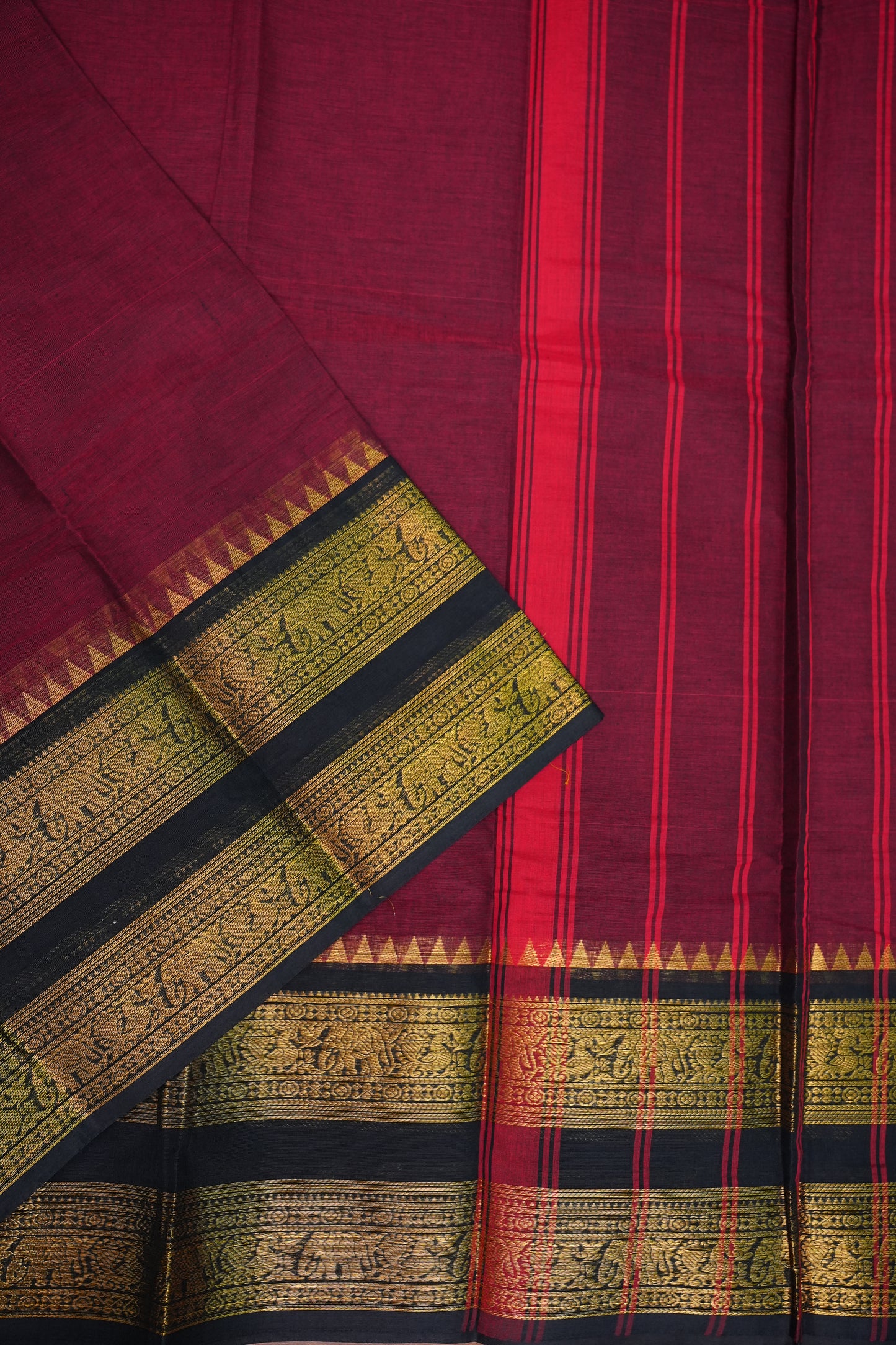 Pure Kanchi Cotton Saree – Deep Maroon with Black & Gold Zari Border