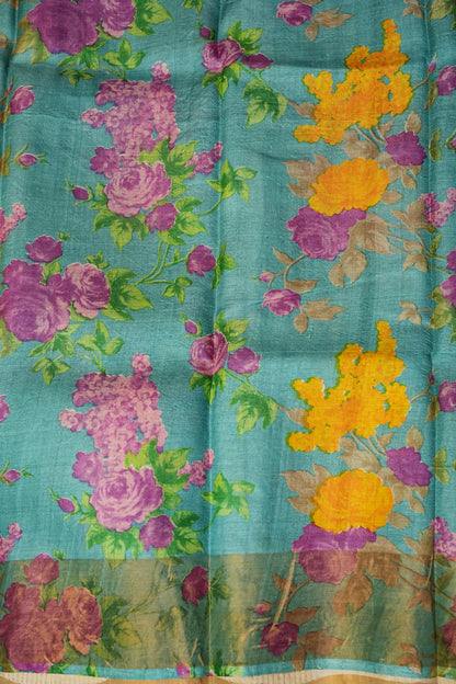 Floral Printed Pure Tussar Silk Saree-Half white|Silk Mark Certified