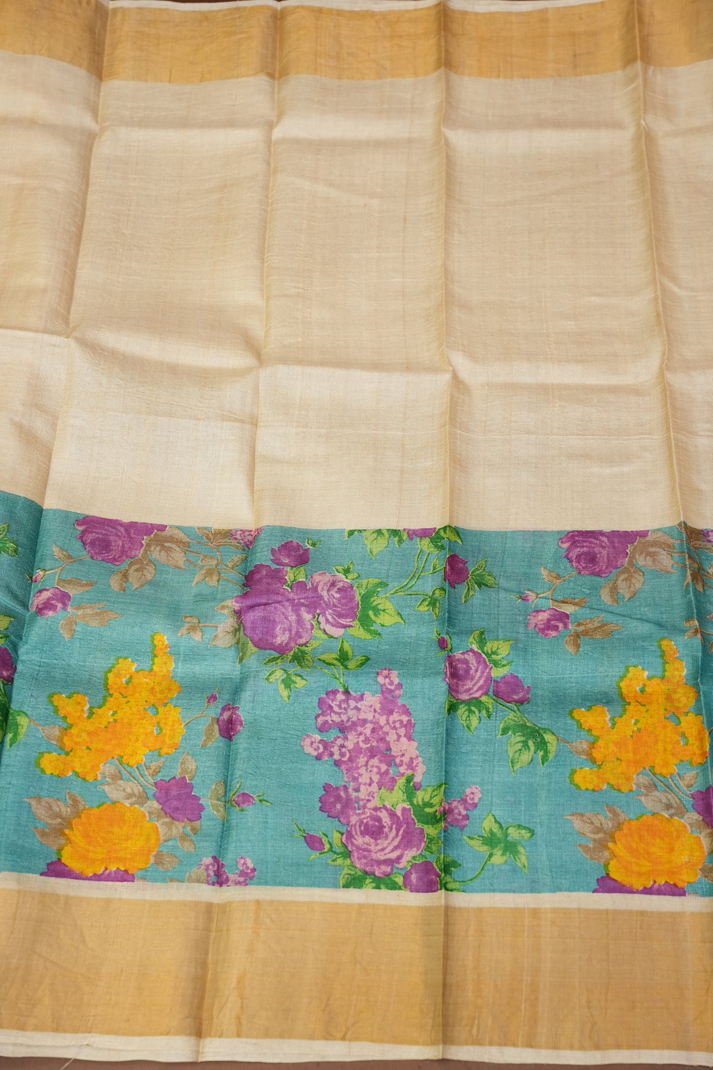 Floral Printed Pure Tussar Silk Saree-Half white|Silk Mark Certified