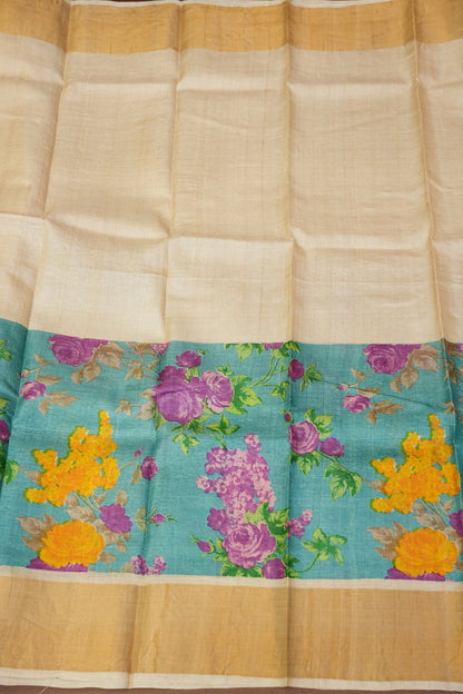 Floral Printed Pure Tussar Silk Saree-Half white|Silk Mark Certified