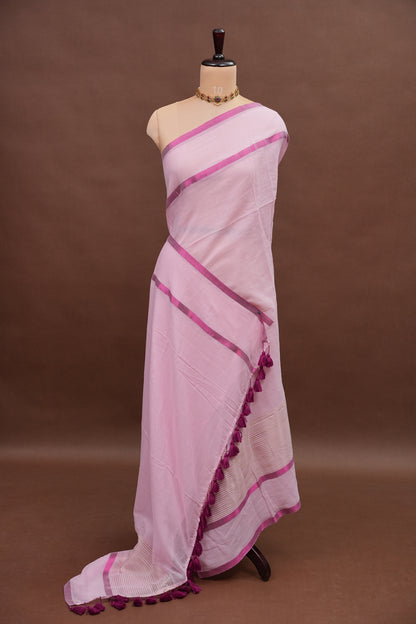 Mulmul Cotton Saree with Tassels - Baby Pink