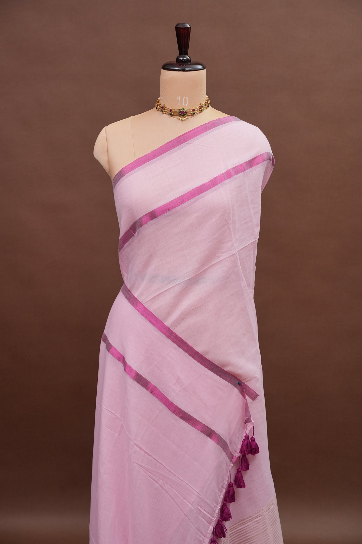 Mulmul Cotton Saree with Tassels - Baby Pink