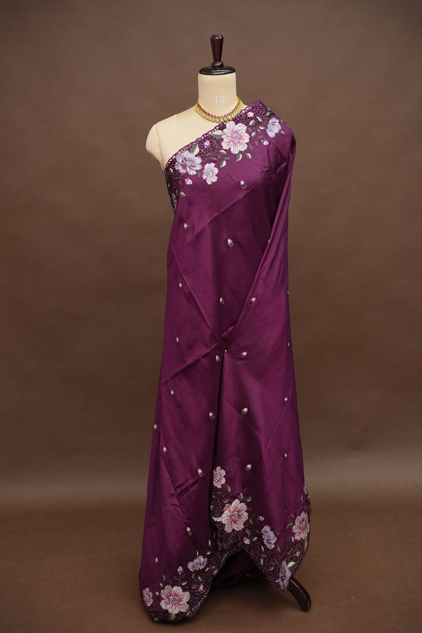 Party Wear Embroidered Soft Organza Saree – Wine Floral Elegance