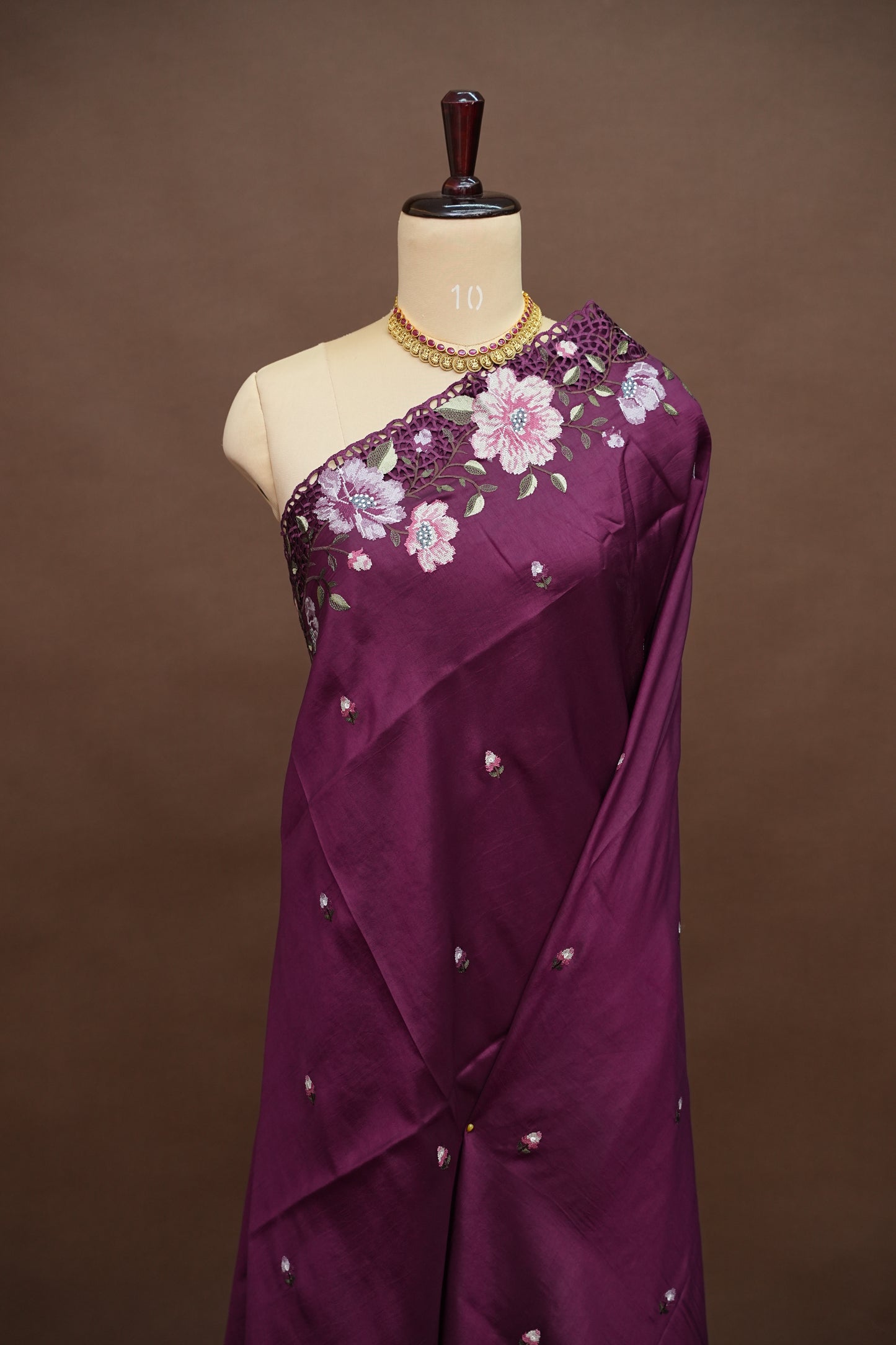 Party Wear Embroidered Soft Organza Saree – Wine Floral Elegance