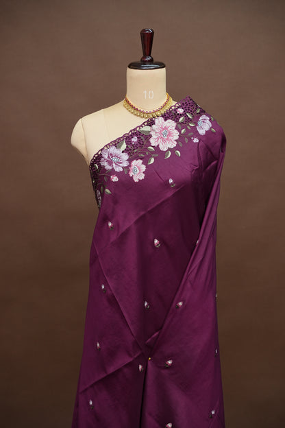 Party Wear Embroidered Soft Organza Saree – Wine Floral Elegance