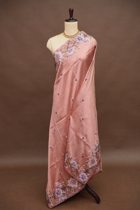 Party Wear Embroidered Soft Organza Saree – Blush Peach Floral Elegance