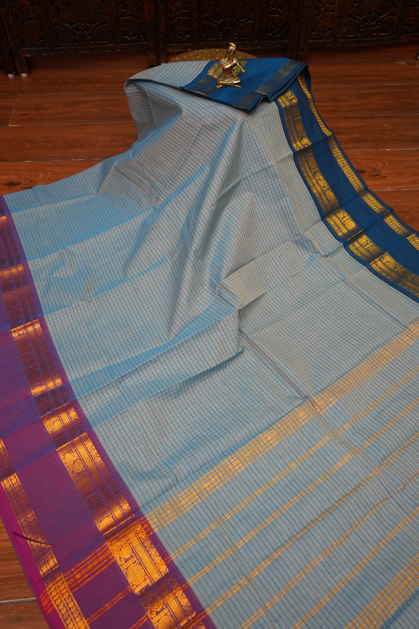 Pure Kanchi Cotton Saree – Powder Blue Checks with Teal Blue & Maroon Zari Border