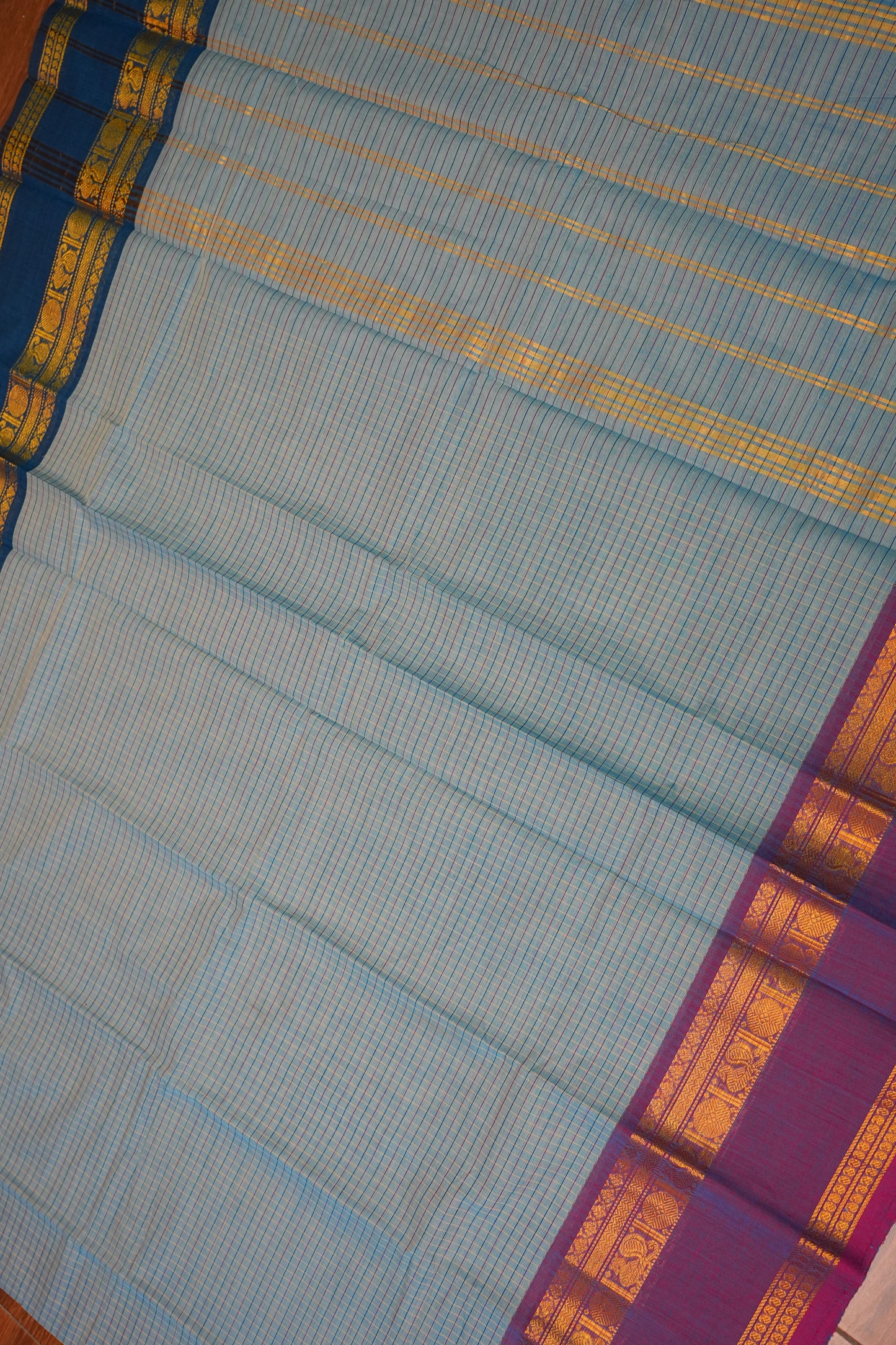 Pure Kanchi Cotton Saree – Powder Blue Checks with Teal Blue & Maroon Zari Border