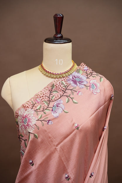 Party Wear Embroidered Soft Organza Saree – Blush Peach Floral Elegance