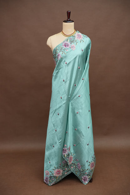Party Wear Embroidered Soft Organza Saree– Aqua Mint Floral Elegance